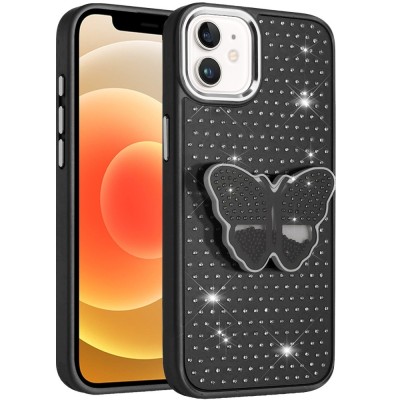 For iPhone 16E (E edition) / SE4 (2025) Butterfly Moveable Grip  Stand With Small Diamonds Meta Buttons HQ Hybrid - Black