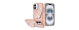 For iPhone 16E (E edition) / SE4 (2025) Butterfly Moveable Grip  Stand With Small Diamonds Meta Buttons HQ Hybrid - Pink