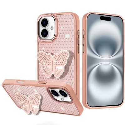 For iPhone 16E (E edition) / SE4 (2025) Butterfly Moveable Grip  Stand With Small Diamonds Meta Buttons HQ Hybrid - Pink