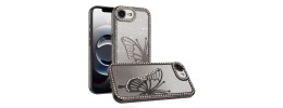 For iPhone 16E (E edition) / SE4 (2025) Butterfly Ornaments  Diamond Bling Glitter Hybrid Case - Black