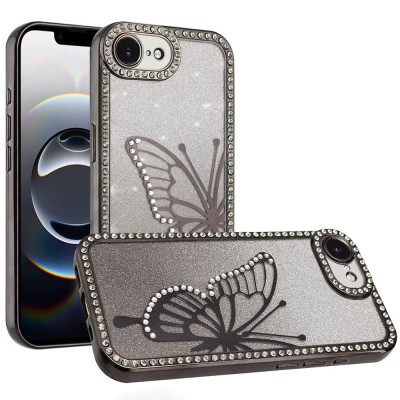 For iPhone 16E (E edition) / SE4 (2025) Butterfly Ornaments  Diamond Bling Glitter Hybrid Case - Black