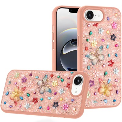 For iPhone 16E (E edition) / SE4 (2025) Butterfly Ornaments  Diamond Bling Glitter Hybrid Case - Light Pink