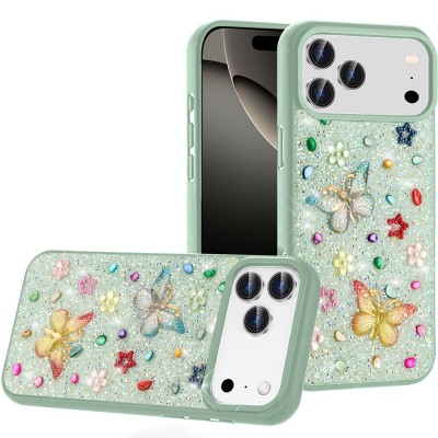 For iPhone 16E (E edition) / SE4 (2025) Butterfly Ornaments  Diamond Bling Glitter Hybrid Case - Teal
