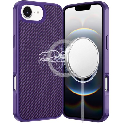 For iPhone 16E (E edition) / SE4 (2025) CarbonFiber Design  Magnetic Ring HQ Thick 2.0mm Hybrid Case - Dark Purple