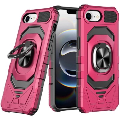 For iPhone 16E (E edition) / SE4 (2025) Complete Magnetic Metal  Ring Stand Camera Protection Hybrid - Hot Pink