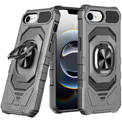 For iPhone 16E (E edition) / SE4 (2025) Complete Magnetic Metal Ring Stand Camera Protection Hybrid - Silver