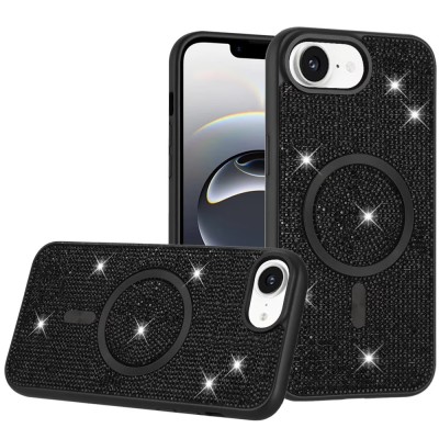 For iPhone 16E (E edition) / SE4 (2025) Diamond [Magnetic Circle]  with CD Pattern Hybrid - Black