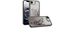 For iPhone 16E (E edition) / SE4 (2025) Electroplated Butterfly With  Diamonds Glitter Shimmer Hybrid Case - Black