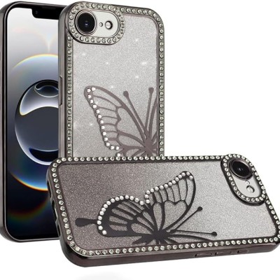 For iPhone 16E (E edition) / SE4 (2025) Electroplated Butterfly With  Diamonds Glitter Shimmer Hybrid Case - Black