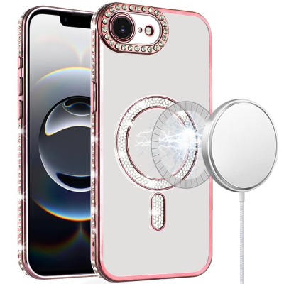 For iPhone 16E (E edition) / SE4 (2025) Glitter Magnetic Circle All-Around Diamond Thick TPU with Camera Protection - Rose Gold