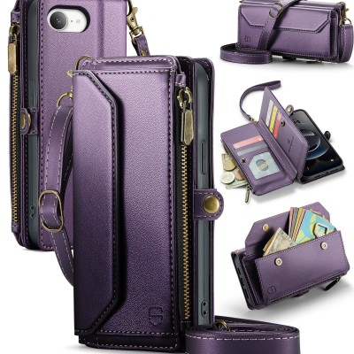 For iPhone 16E (E edition) / SE4 (2025) Jewel Wallet Design with Stitched PU Leather ID Card Money Holder Zipper Case - Purple