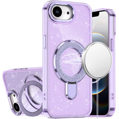 For iPhone 16E (E edition) / SE4 (2025) Magnetic Ring Circle Real  Flower Epoxy Glitter Hybrid - Light Purple