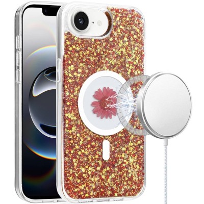 For iPhone 16E (E edition) / SE4 (2025) Magnetic Ring Circle Real  Flower Epoxy Glitter Hybrid - Rose Gold