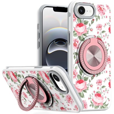 For iPhone 16E (E edition) / SE4 (2025) Metal Diamond CD Pattern Design Matte Finished Hybrid with Rotational Ring [Car Mount Friendly] Case - 10
