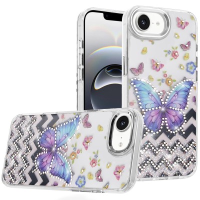 For iPhone 16E (E edition) / SE4 (2025) Metal Diamond CD Pattern Design Matte Finished Hybrid with Rotational Ring [Car Mount Friendly] Case - Floral D