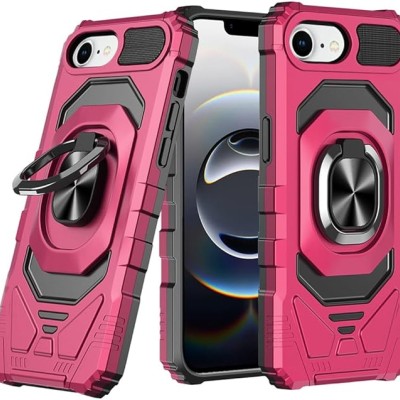 For iPhone 16E (E edition) / SE4 (2025) Robotic Hybrid with  Magnetic Ring Stand Case Cover - Hot Pink