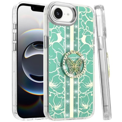 For iPhone 16E (E edition) / SE4 (2025) Splendid Floral Designs with Metal Camera and Buttons with Butterfly Ring Stand Hybrid Case Black QBSPLNDXFLR-iP16E-BK