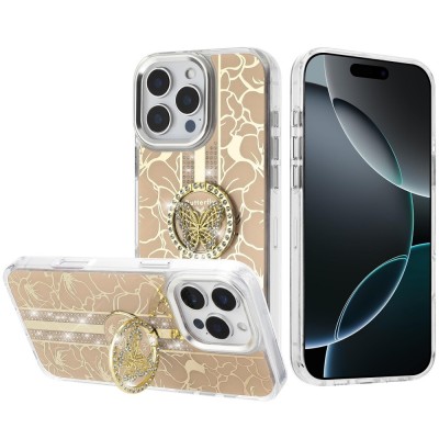 For iPhone 16E (E edition) / SE4 (2025) Splendid Floral Designs with Metal Camera and Buttons with Butterfly Ring Stand Hybrid Case Gold QBSPLNDXFLR-iP16E-Gold