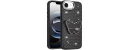 For iPhone 16E (E edition) / SE4 (2025) Splendid Glitter Butterfly Design Stand with Metallic Edges Hybrid Case - Black