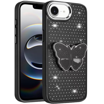 For iPhone 16E (E edition) / SE4 (2025) Splendid Glitter Butterfly Design Stand with Metallic Edges Hybrid Case - Black