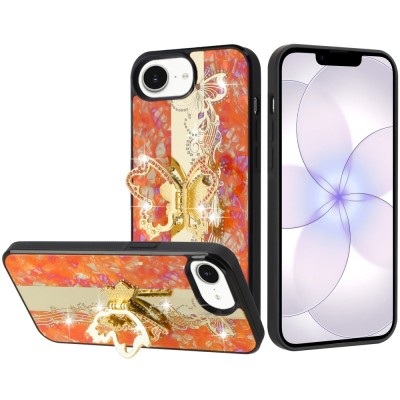 For iPhone 16E (E edition) / SE4 (2025) Splendid Glitter Butterfly Design Stand with Metallic Edges Hybrid Case - Cosmic Orange