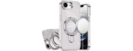 For iPhone 16E (E edition) / SE4 (2025) Transparent Glitter Rotaional Magnetic Ring Stand HQ Hybrid - Clear