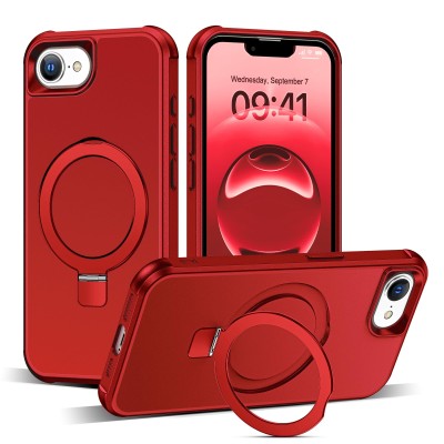 For iPhone 16E (E edition) / SE4 (2025) Well Protective Magentic Ring Stand Camera Protective Cover Case - Red