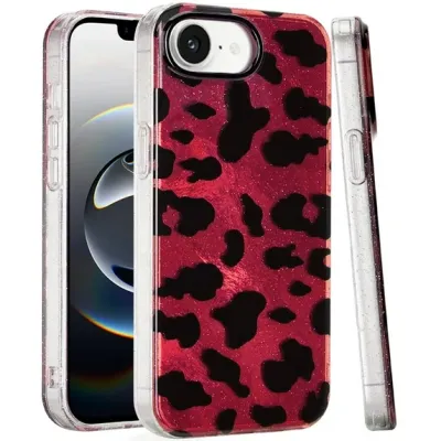 For iPhone 16E (E edition) / SE4 (2025) Glitter Double Layer Design IMD TPU Case - Red Leopard