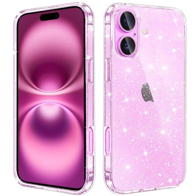 For iPhone 16E / SE4 Floral Joy Glitter Shimmer Leather Feel Thick TPU Case - Light Blue/Light Pink