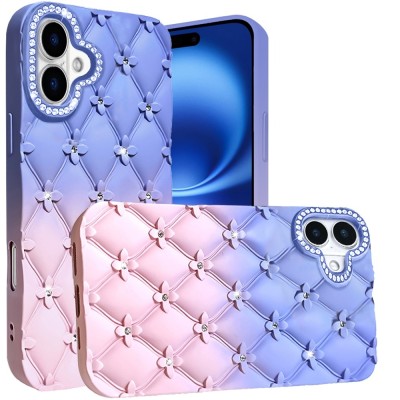 For iPhone 16E / SE4 Floral Joy Glitter Shimmer Leather Feel Thick TPU Case - Light Pink/Light Purple