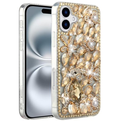 For iPhone 16E / SE4 Full Diamond with Ornaments Hard TPU Case Cover - Gold Panda Floral