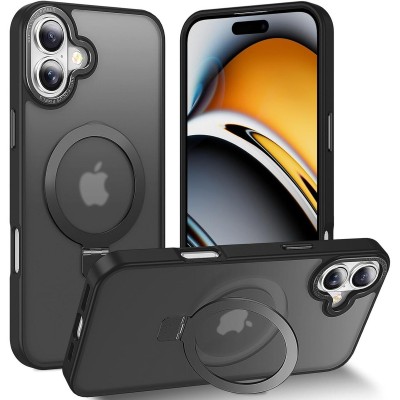 For iPhone 16E/ SE4 Hoop Kickstand [Magnetic Circle] HD Transparent Chrome Hybrid - Black