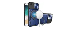 For iPhone 16E / SE4 Multi-Functional Card Magnetic Ring Stand  Hybrid Camera Case Cover - Blue