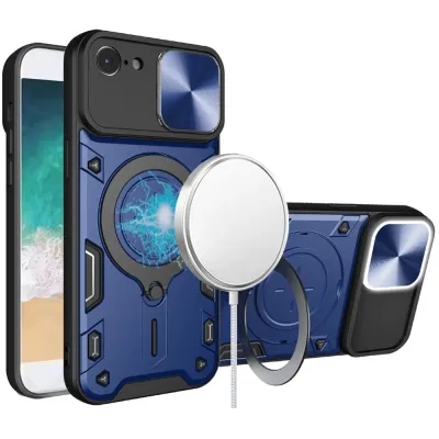 For iPhone 16E / SE4 Multi-Functional Card Magnetic Ring Stand  Hybrid Camera Case Cover - Blue