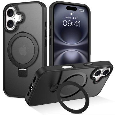 For iPhone 16E / SE4 Multi-Functional Card Magnetic Ring Stand  Hybrid Camera Case Cover - Black