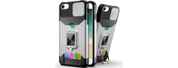 For iPhone 16E / SE4 Multi-Functional Card Magnetic Ring Stand  Hybrid Camera Case Cover - Silver