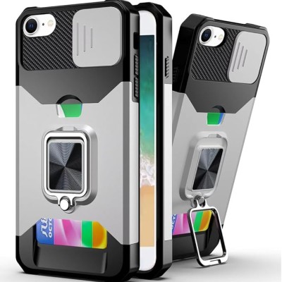 For iPhone 16E / SE4 Multi-Functional Card Magnetic Ring Stand  Hybrid Camera Case Cover - Silver