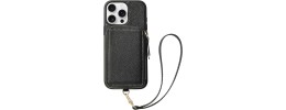 For iPhone 16E / SE4 Purse Style Wallet Card ID Money Holder with Zip containing Long & Short Lanyard - Black
