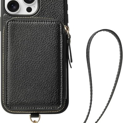 For iPhone 16E / SE4 Purse Style Wallet Card ID Money Holder with Zip containing Long & Short Lanyard - Black