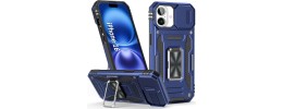 For iPhone 16E / SE4 Utter Tough Metal Ring Movable Camera Window Hybrid Case Cover - Navy blue