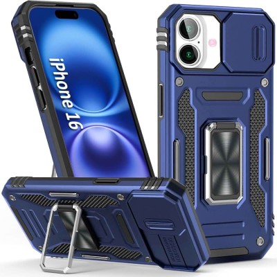 For iPhone 16E / SE4 Utter Tough Metal Ring Movable Camera Window Hybrid Case Cover - Navy blue