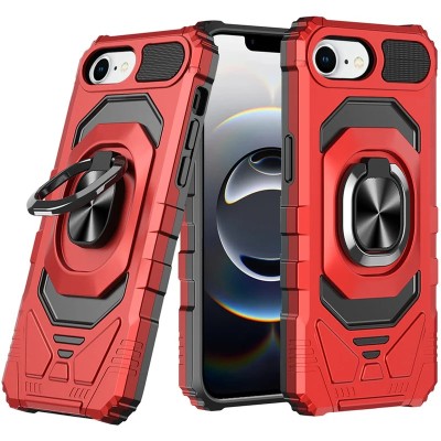 For iPhone 16E / SE4 Utter Tough Metal Ring Movable Camera Window Hybrid Case Cover - Red