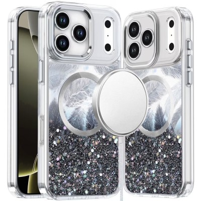 For iPhone 17 Air Angel Hearts Bling Shimmer Colorful Glitter  Chrome Edged Hybrid Case - Silve