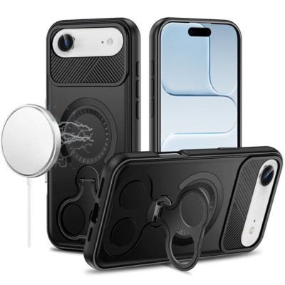 For iPhone 17 Air Car Mount with 2-Ring Stand Hybrid Case - Black
