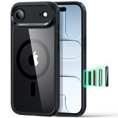 For iPhone 17 Air Carbon Design [Magnetic Circle] with Ring Stand  Hybrid Case - Black