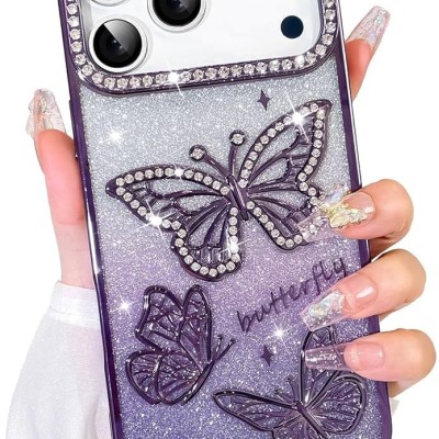 For iPhone 17 Air Cute Butterfly Ornaments Diamonds Shimmer  Matching Metallic HQ Hybrid - Dark Purple