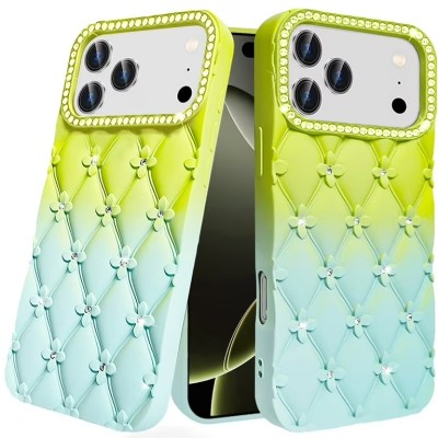 For iPhone 17 Air Floral Joy Glitter Shimmer Leather Feel Thick TPU  Case - Light Green/Teal