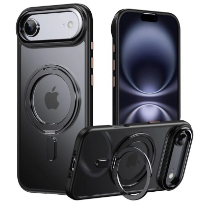For iPhone 17 Air Hoop Kickstand [Magnetic Circle] HD Transparent Chrome Hybrid - Black