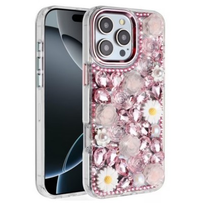 For iPhone 17 Air Rose Flower Full Diamond Bling Stones - Pink