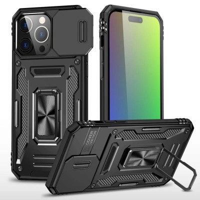 For iPhone 17 Air Utter Tough Metal Ring Movable Camera Window  Hybrid Case Cover - Blac